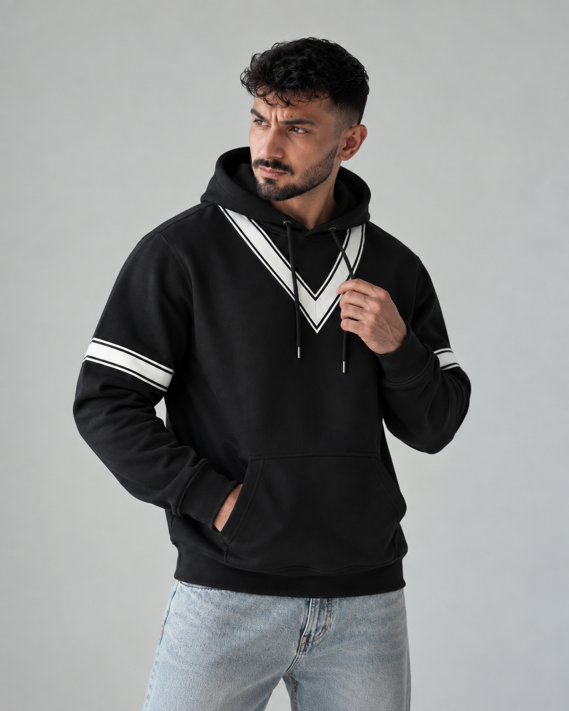 Black White V-Stripe Fleece Hoodie