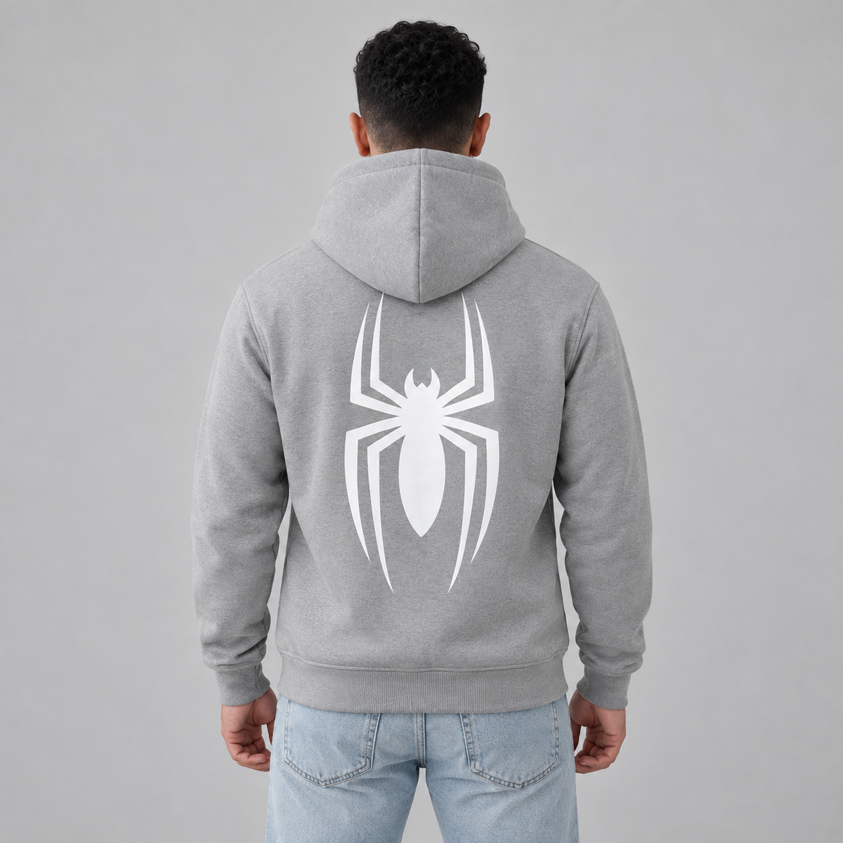 Grey Balaclava Spider Back Print Fleece Hoodie