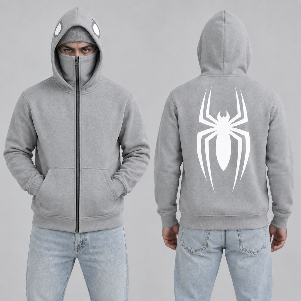 Grey Balaclava Spider Back Print Fleece Hoodie