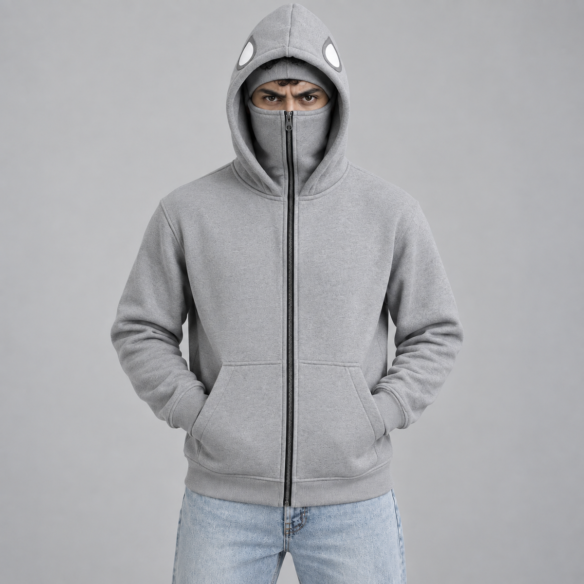 Grey Balaclava Spider Back Print Fleece Hoodie
