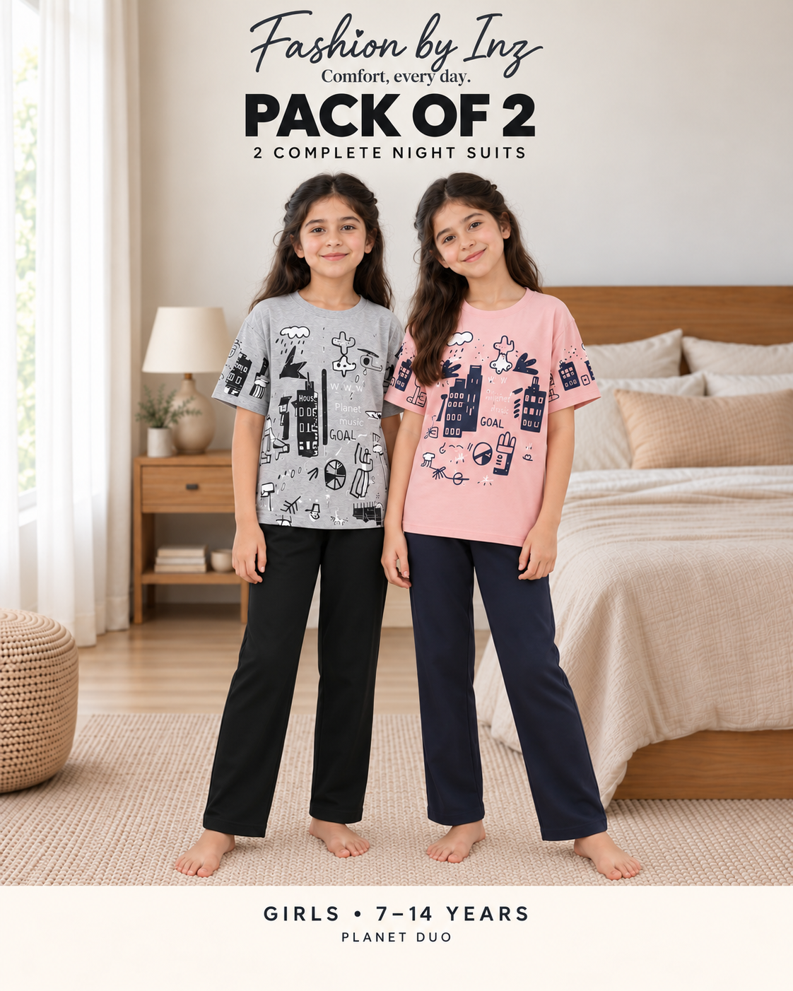 Pack of 2 Girls Night Suits – Grey Planet + Pink Planet - pose 1