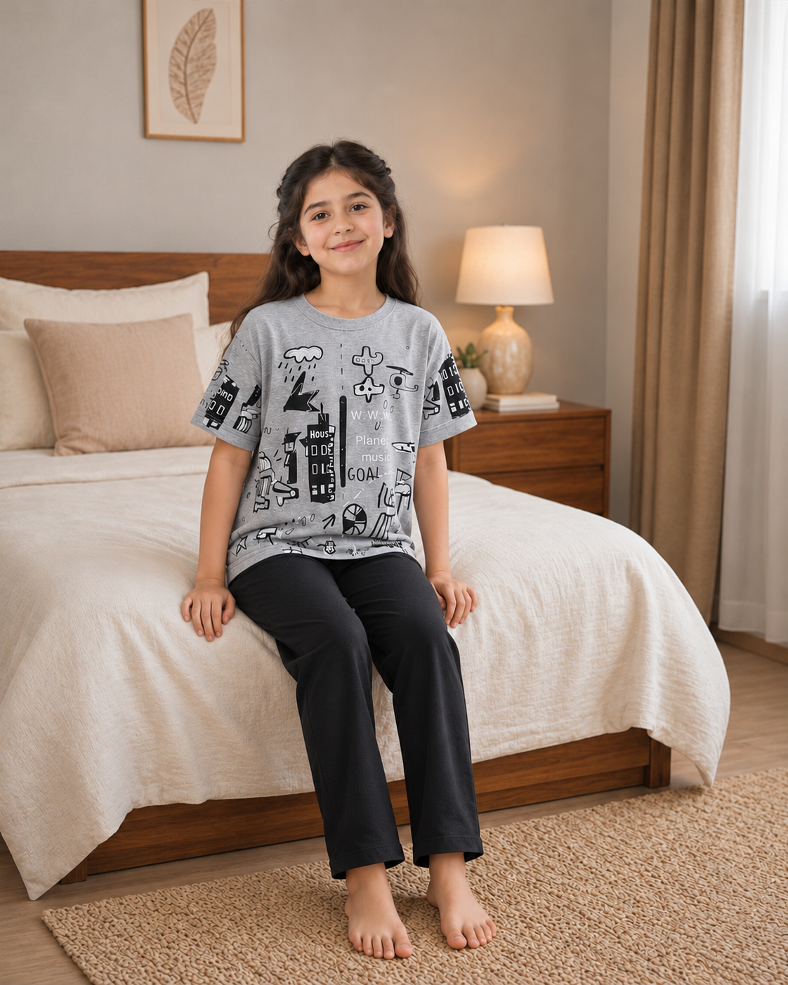 Pack of 2 Girls Night Suits – Grey Planet + Pink Planet - pose 2