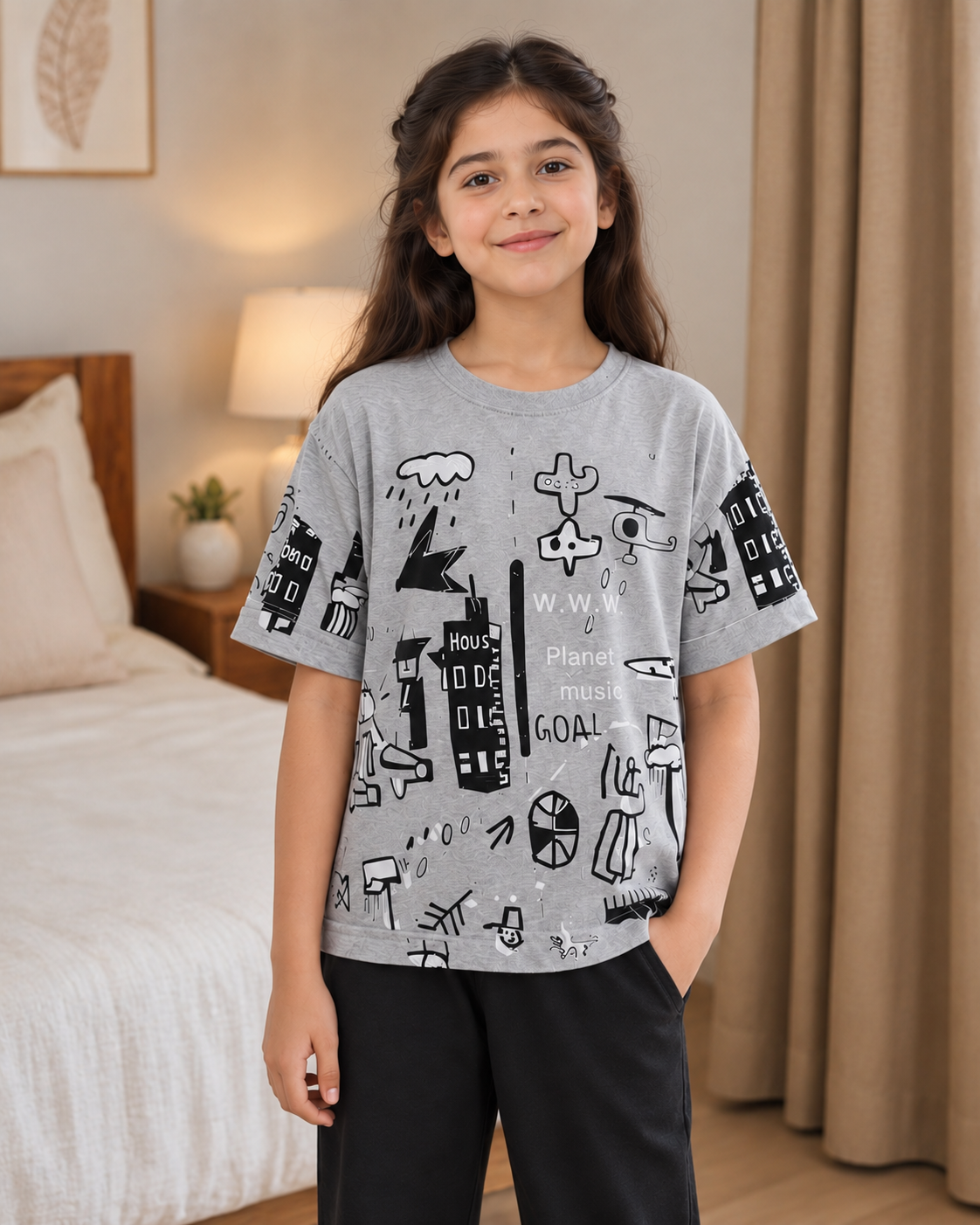 Pack of 2 Girls Night Suits – Grey Planet + Pink Planet - pose 3