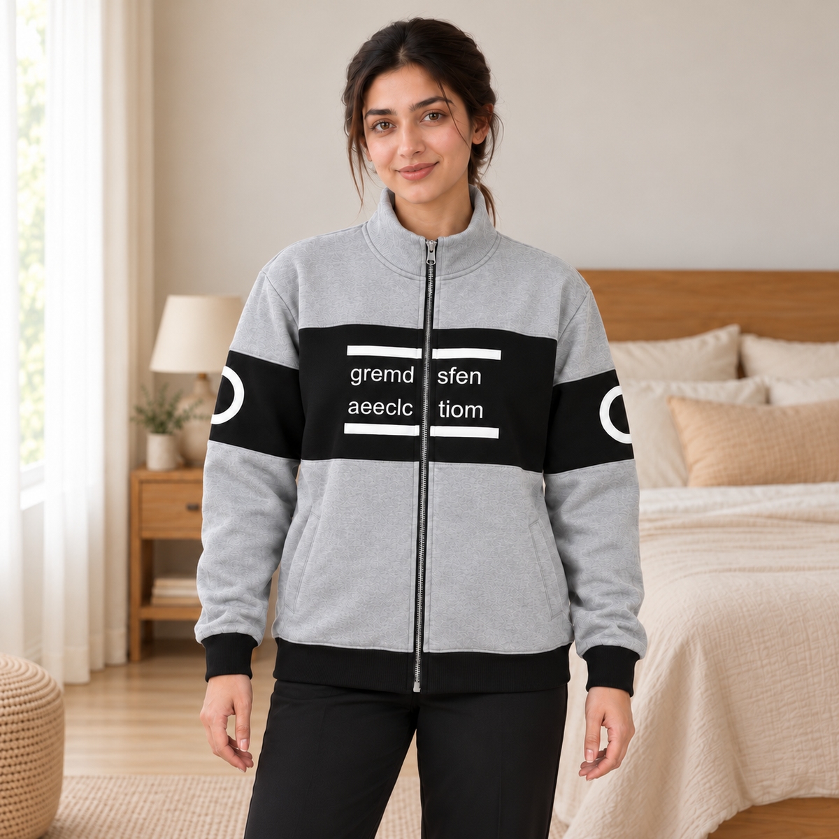 Women's Grey & Black Colourblock Fleece Zip-Up Jacket - pose 1