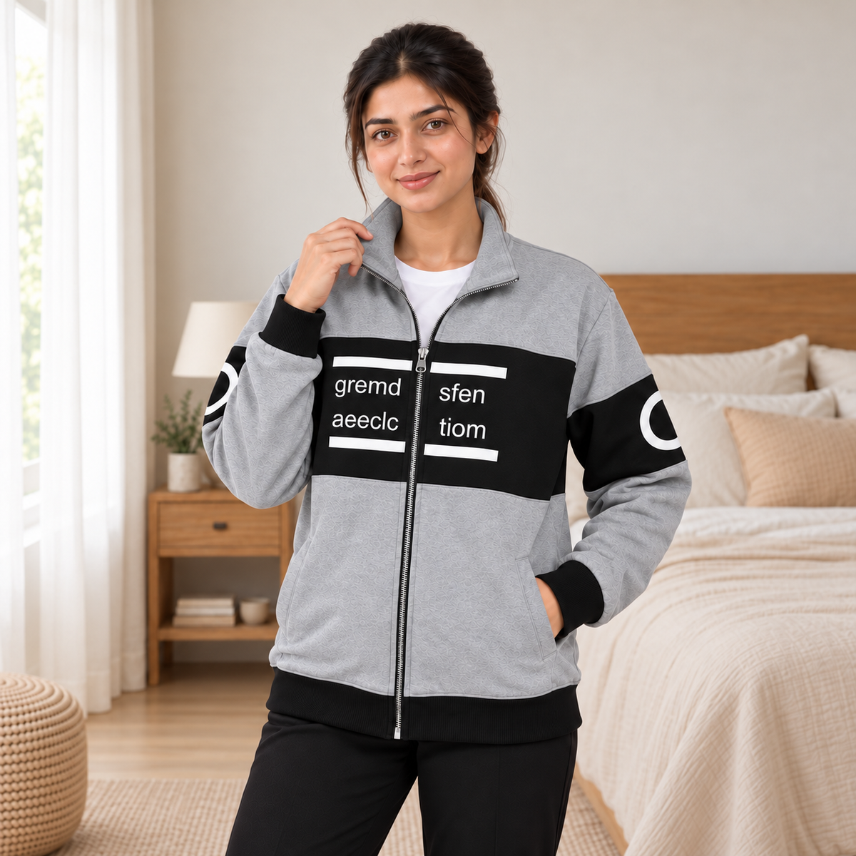 Women's Grey & Black Colourblock Fleece Zip-Up Jacket - pose 3