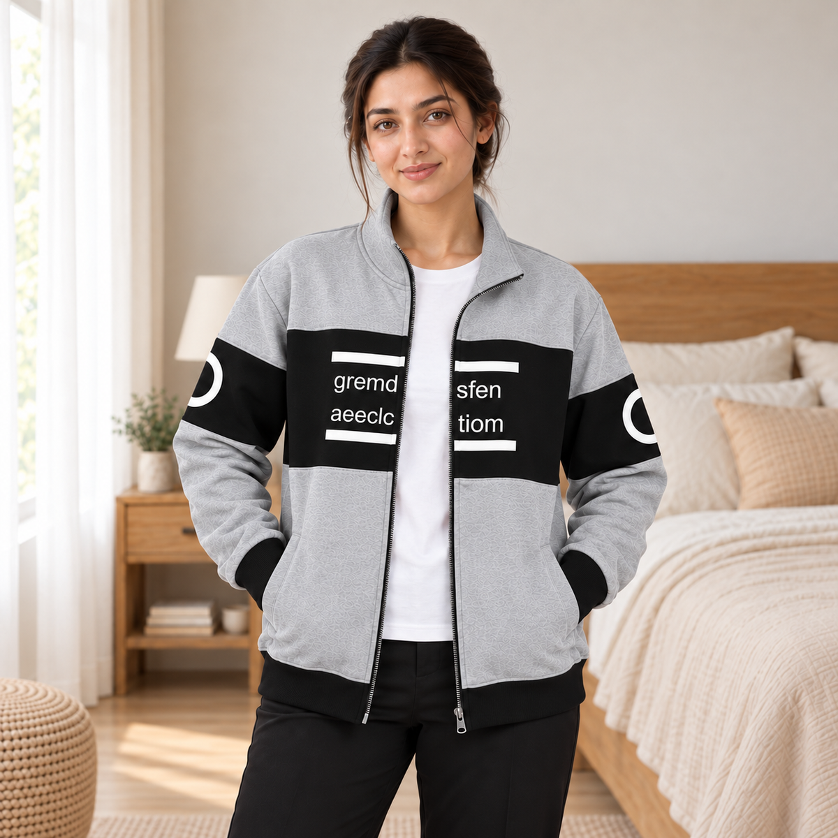 Women's Grey & Black Colourblock Fleece Zip-Up Jacket - pose 4