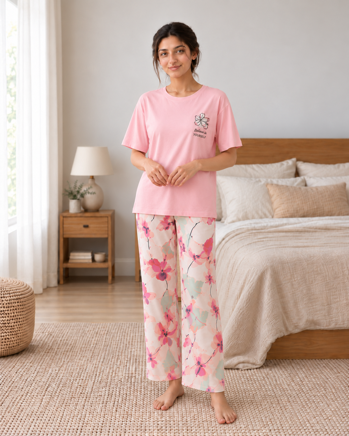 Pink Bird Printed Night Suit - pose 1