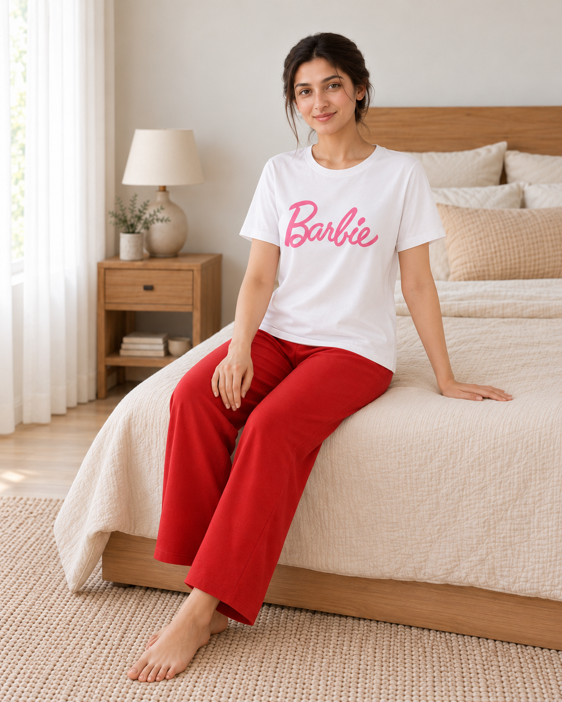 Glam Print White & Red Night Suit - pose 1