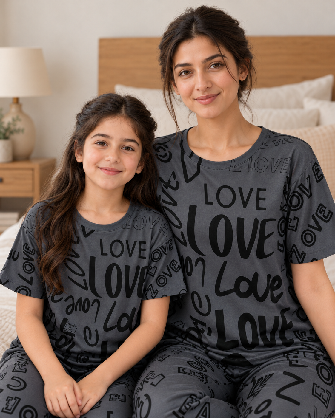 Grey Love Mom & Daughter Night Suit - pose 3