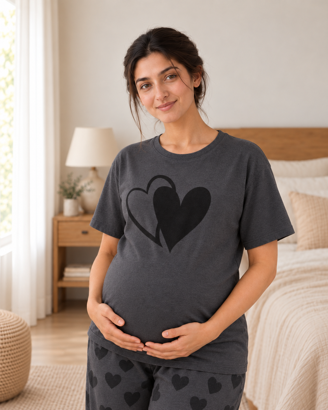 Grey Heart Maternity Cotton Night Suit - pose 4