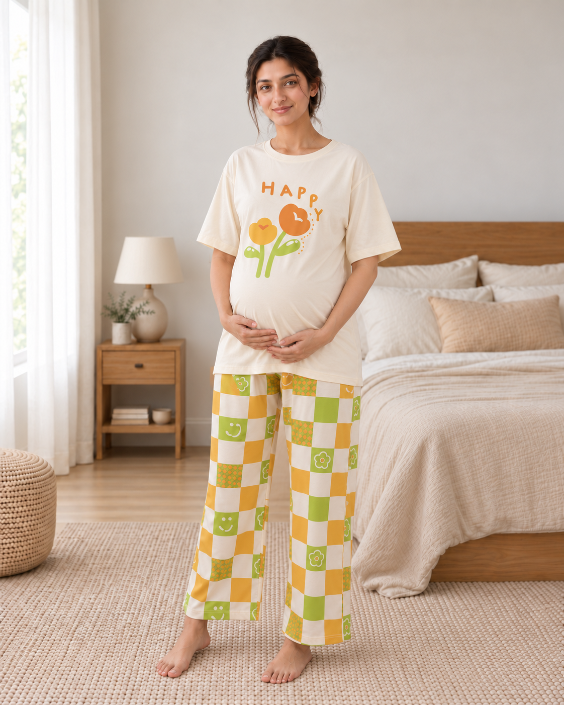 Happy Flower Maternity Cotton Night Suit - pose 5