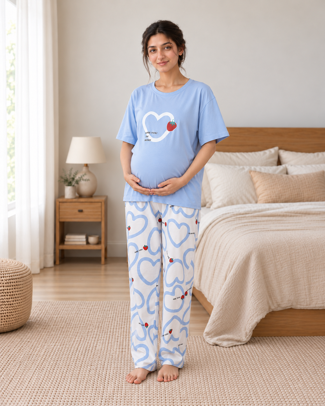 Strawberry Heart Maternity Cotton Night Suit - pose 1