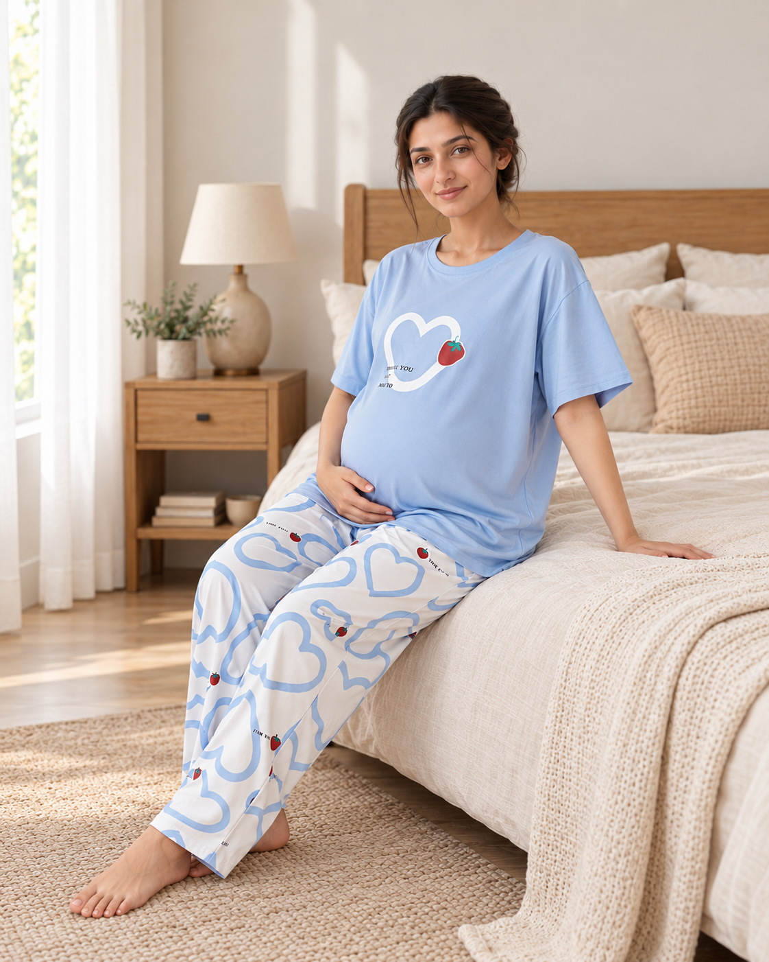 Strawberry Heart Maternity Cotton Night Suit - pose 2
