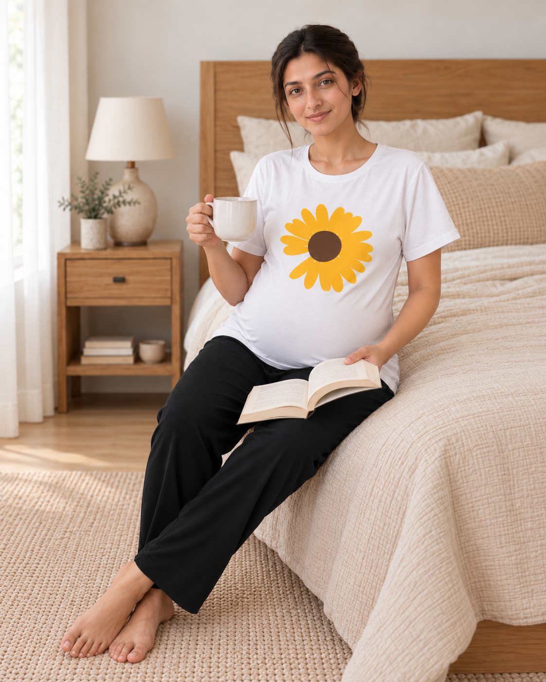 Yellow Sunflower Maternity Night Suit - pose 4