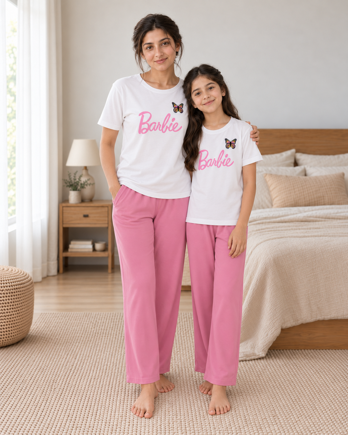 Glam Print White & Pink Mom & Daughter Night Suit - pose 3