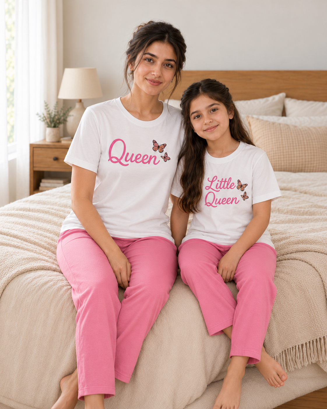 Queen White & Pink Mom & Daughter Night Suit - pose 1