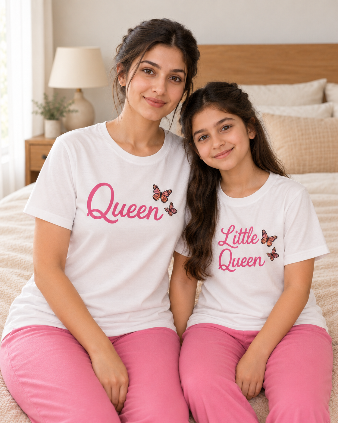 Queen White & Pink Mom & Daughter Night Suit - pose 3