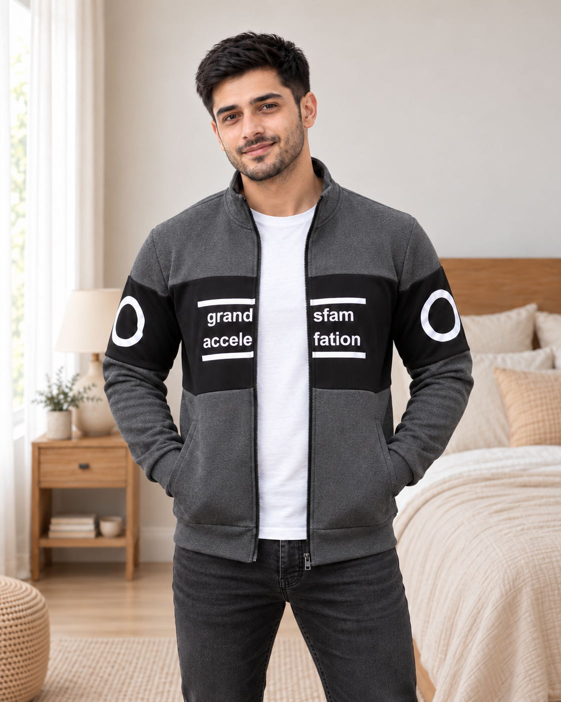 Charcoal & Black Colourblock Fleece Zip-Up Jacket - pose 2