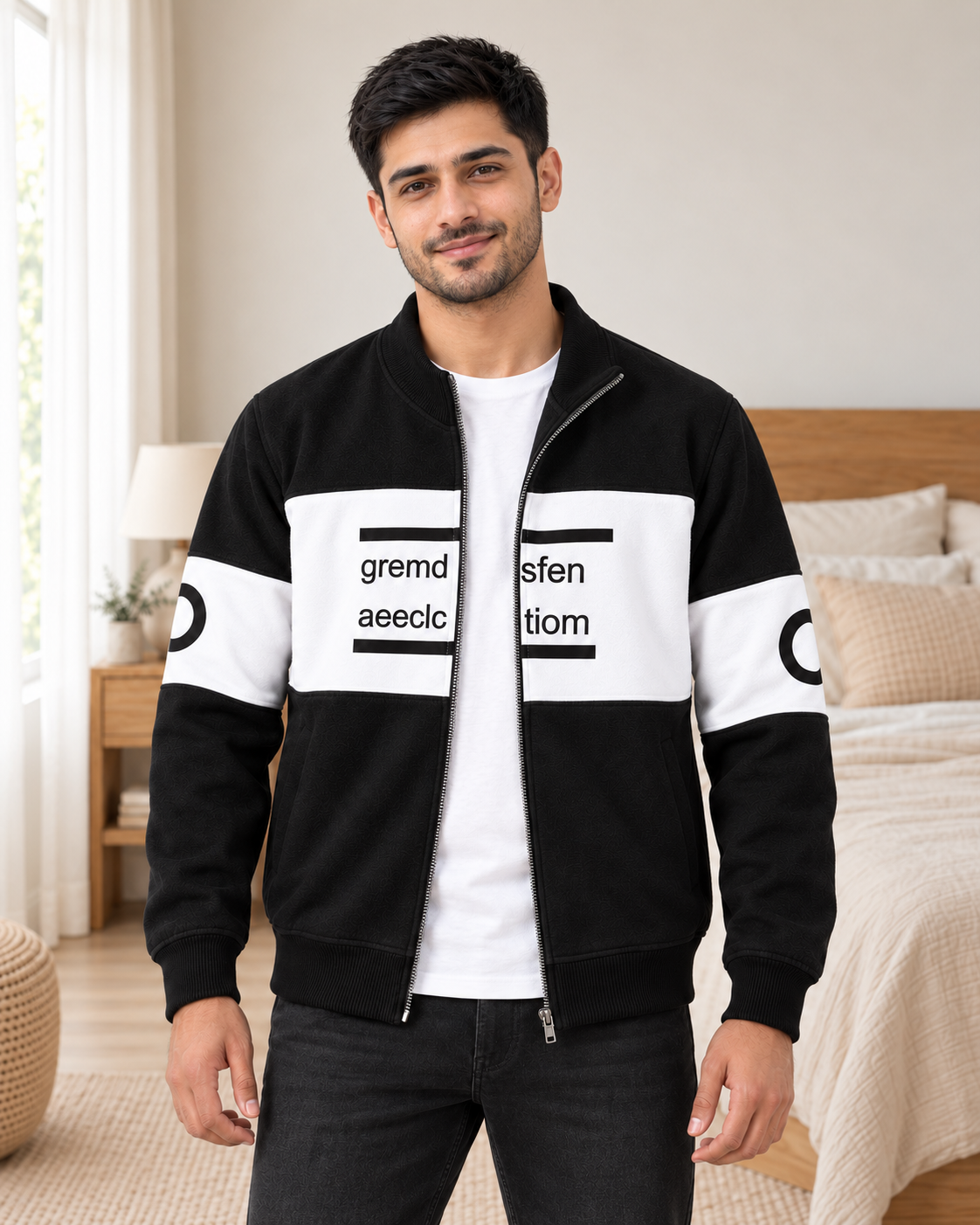 Black & White Colourblock Fleece Zip-Up Jacket - pose 1