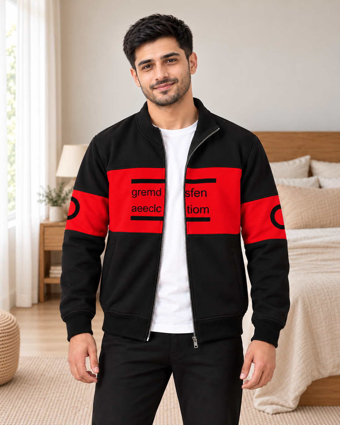Black & Red Colourblock Fleece Zip-Up Jacket - pose 1