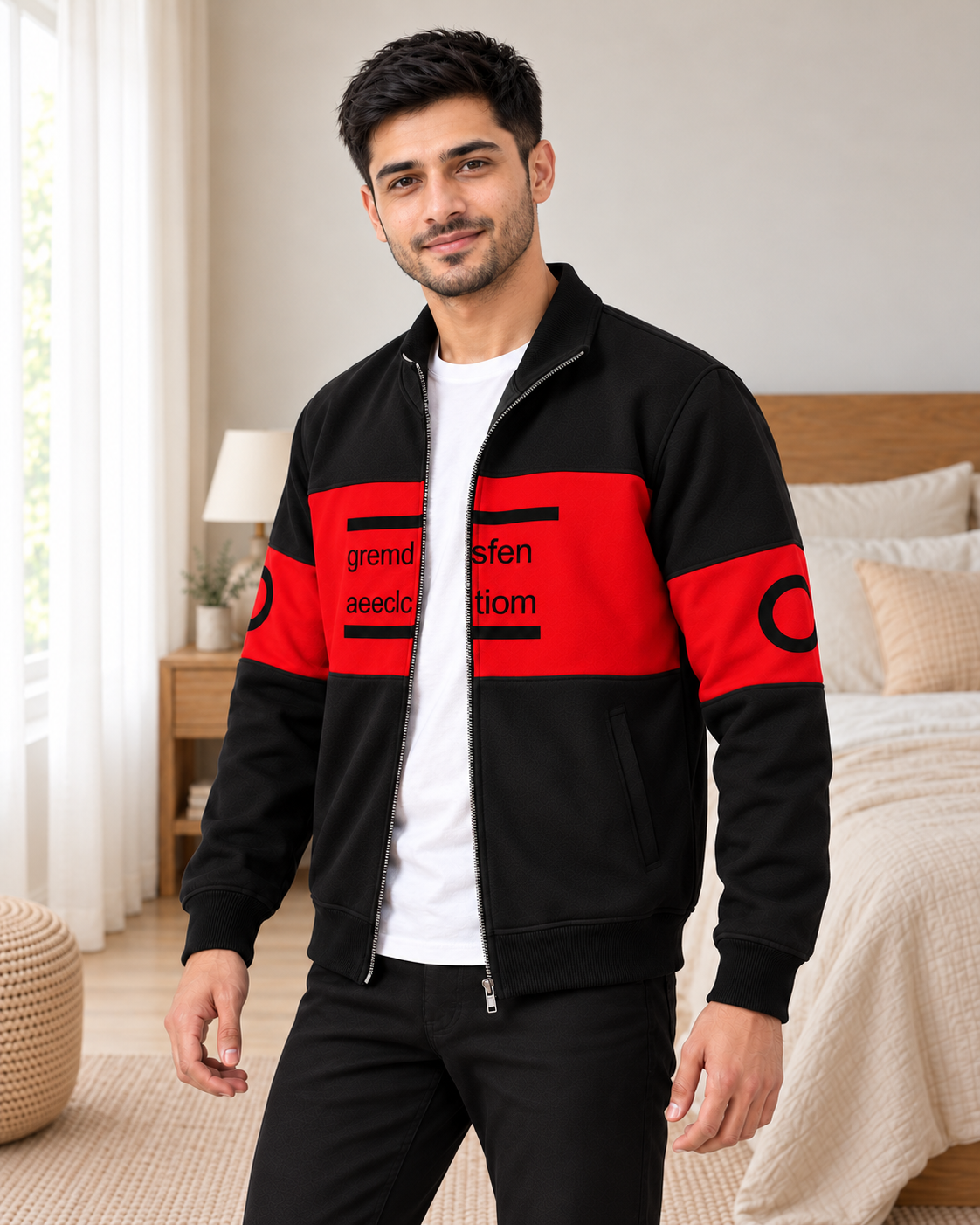 Black & Red Colourblock Fleece Zip-Up Jacket - pose 2