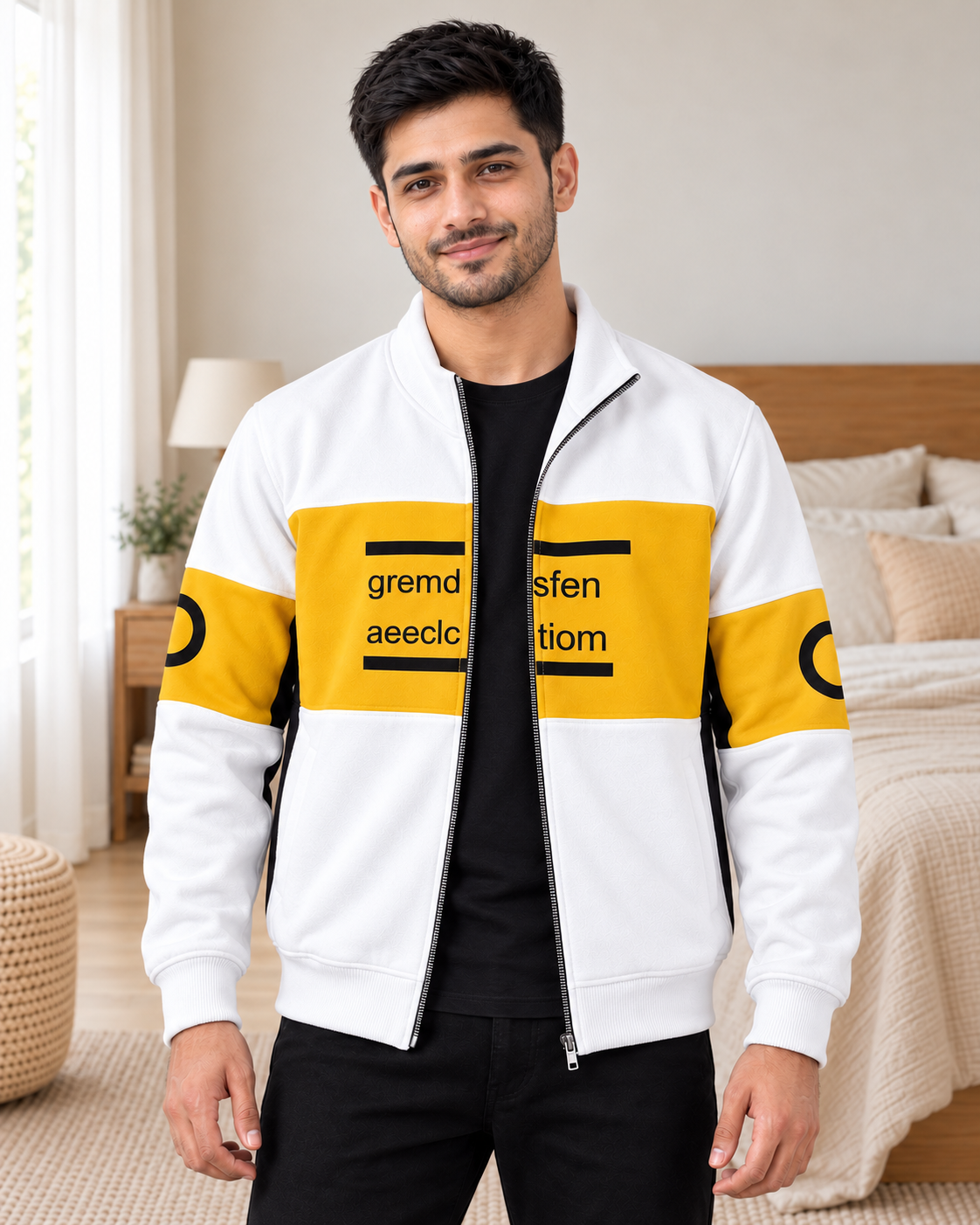 White & Mustard Yellow Colourblock Fleece Zip-Up Jacket - pose 1