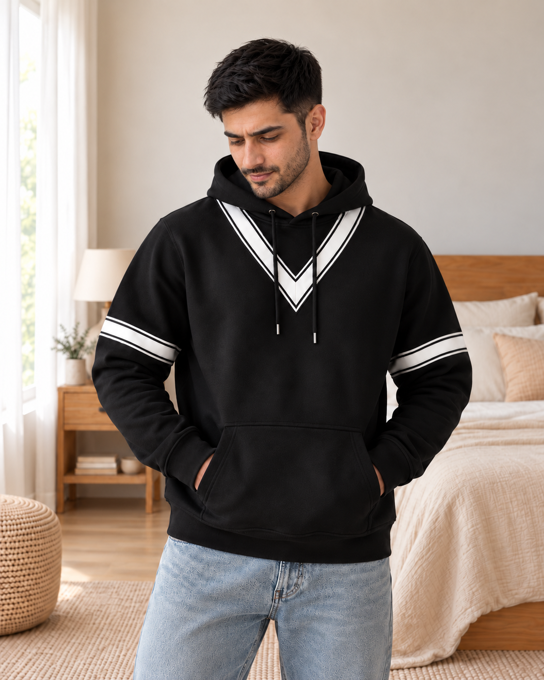 Black White V-Stripe Fleece Hoodie - pose 3