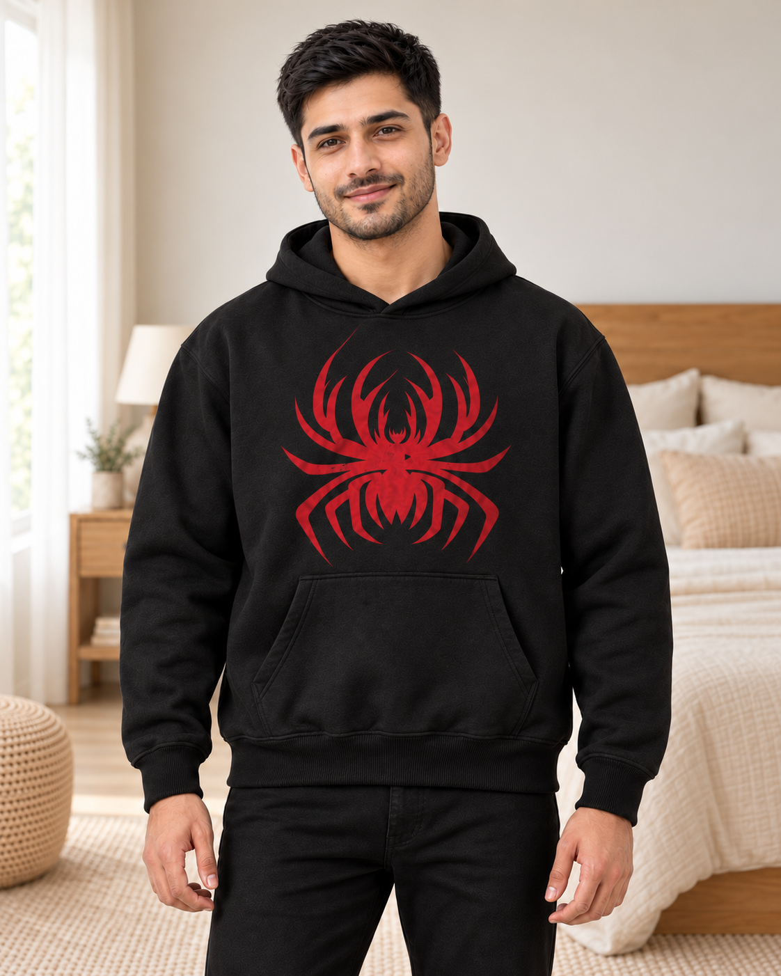 Black Red Spider Web Fleece Hoodie - pose 1
