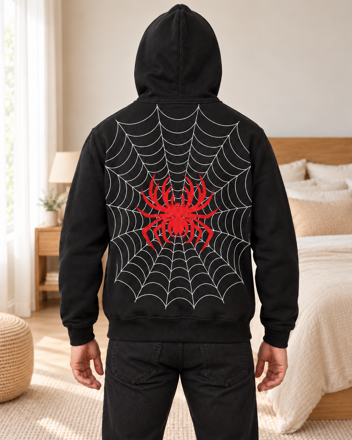 Black Red Spider Web Fleece Hoodie - pose 2