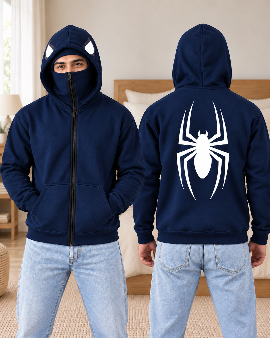 Navy Balaclava Spider Back Print Fleece Hoodie - pose 1