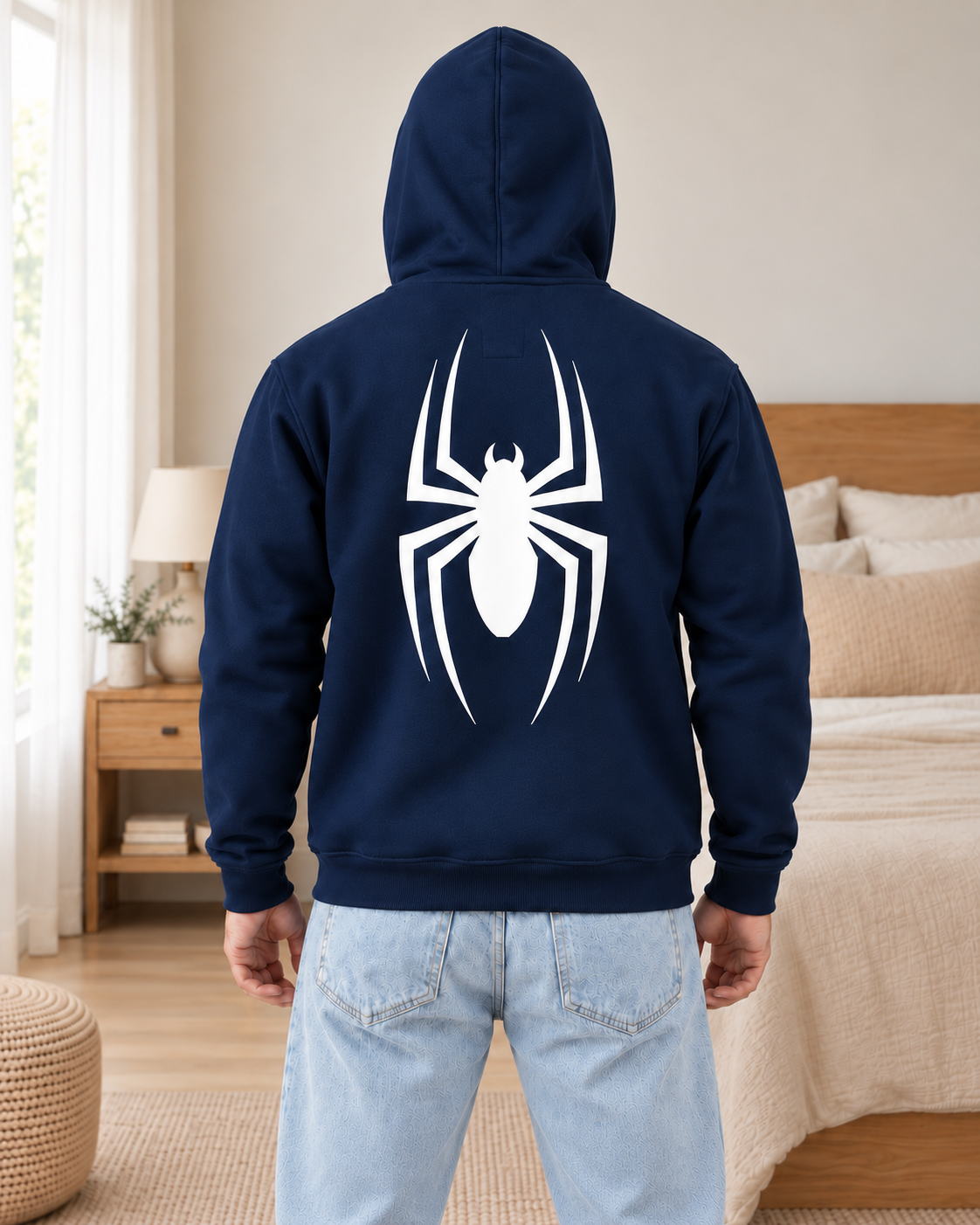 Navy Balaclava Spider Back Print Fleece Hoodie - pose 3