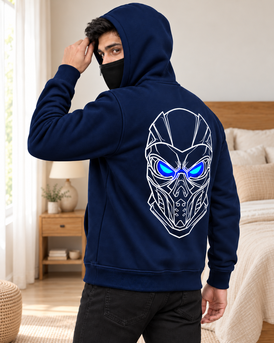 Navy Cyber Mask Back Print Fleece Hoodie - pose 1