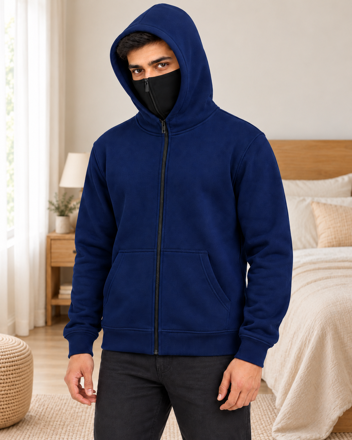 Navy Cyber Mask Back Print Fleece Hoodie - pose 2