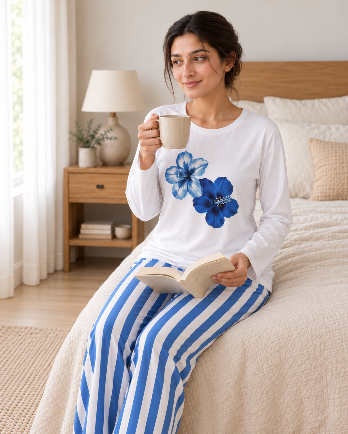 Blue Flower Full Sleeve Night Suit for Women - pose 4
