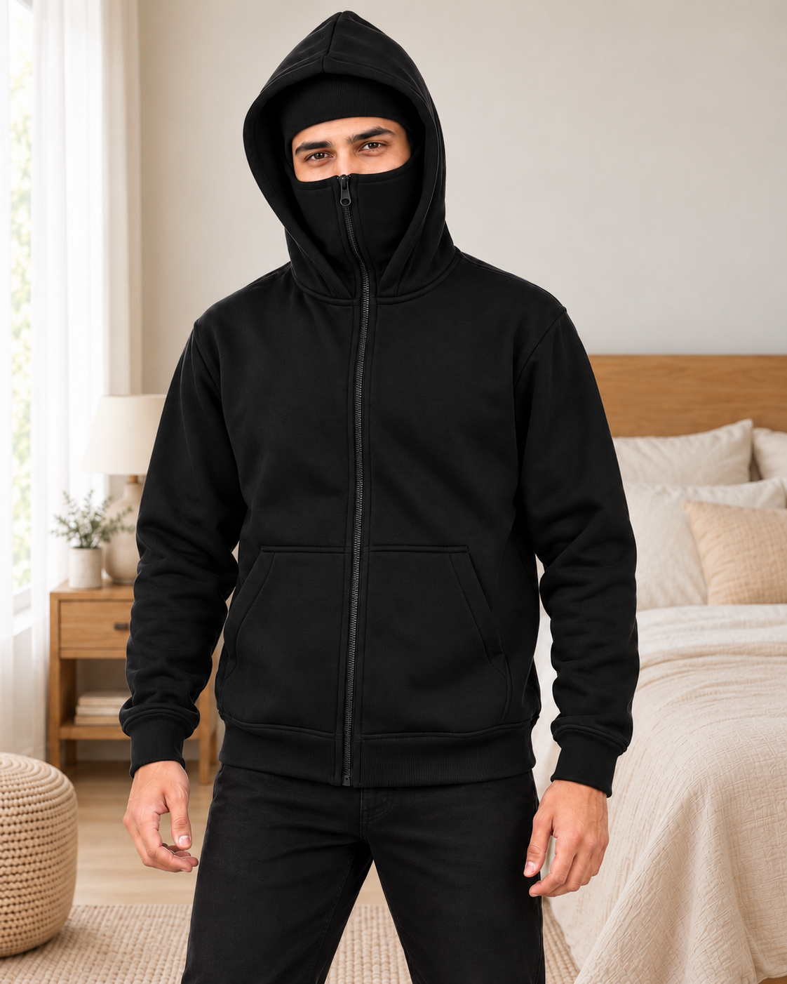 Black Plain High-Zip Fleece balaclava Hoodie - pose 2