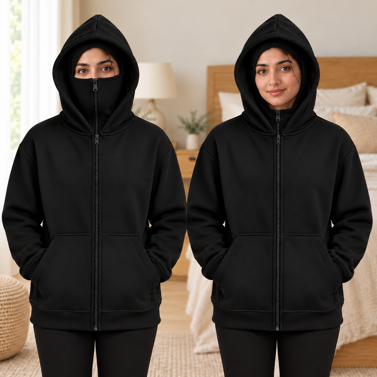 Women's Black High-Zip Fleece Balaclava Hoodie - pose 3