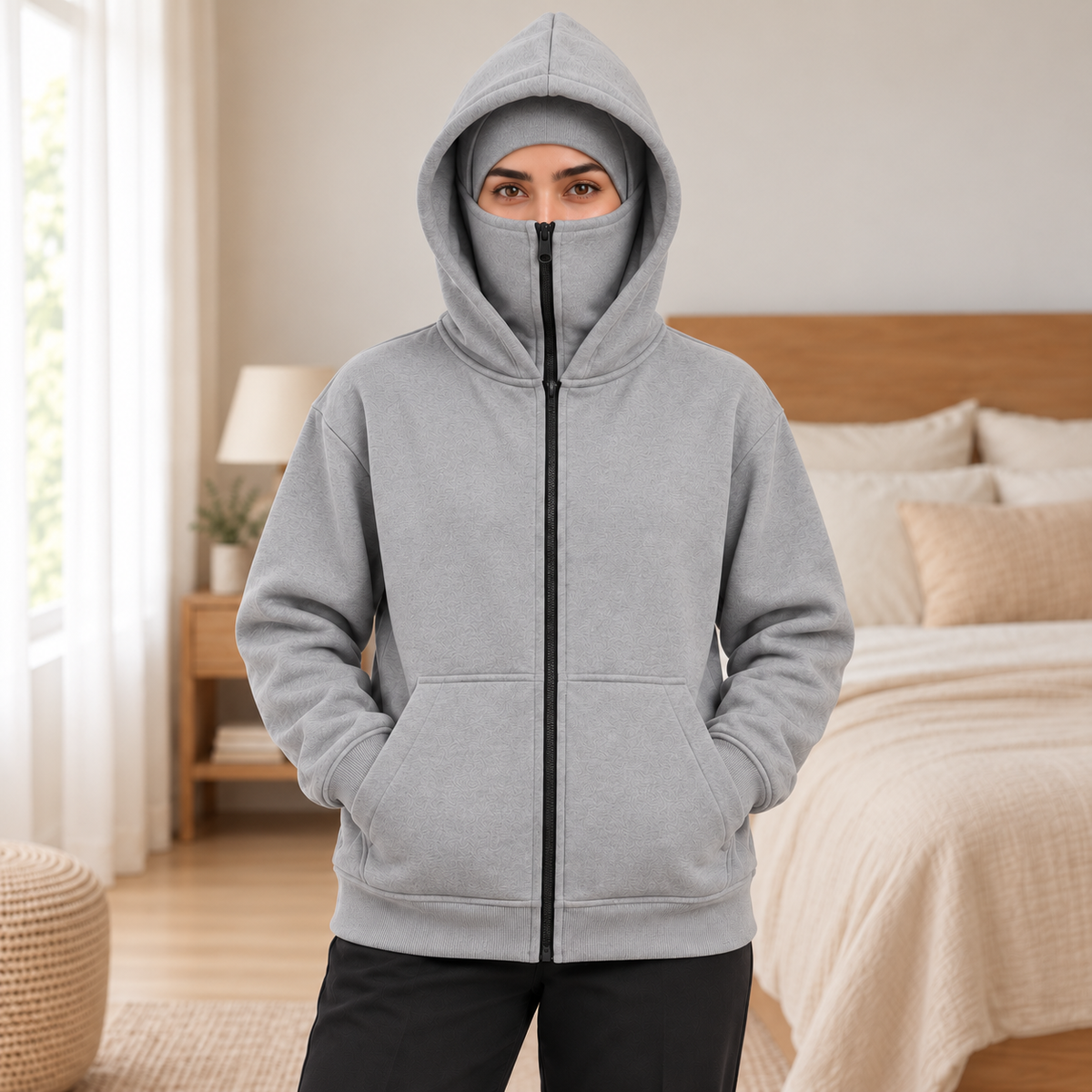 Women's Grey High-Zip Fleece Balaclava Hoodie - pose 1