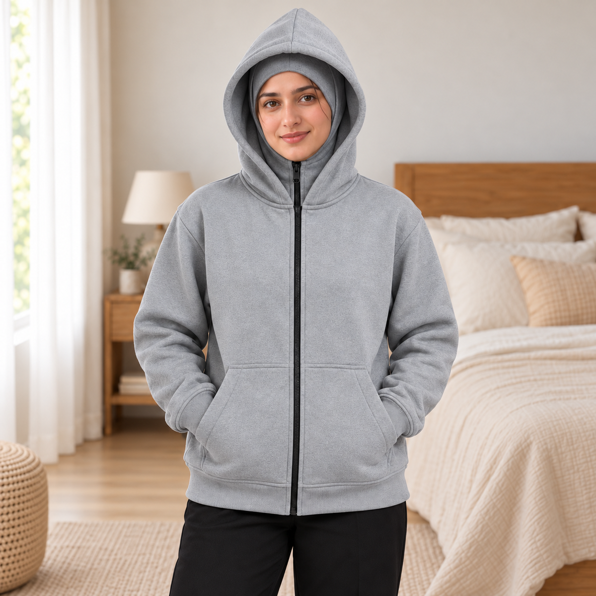 Women's Grey High-Zip Fleece Balaclava Hoodie - pose 2