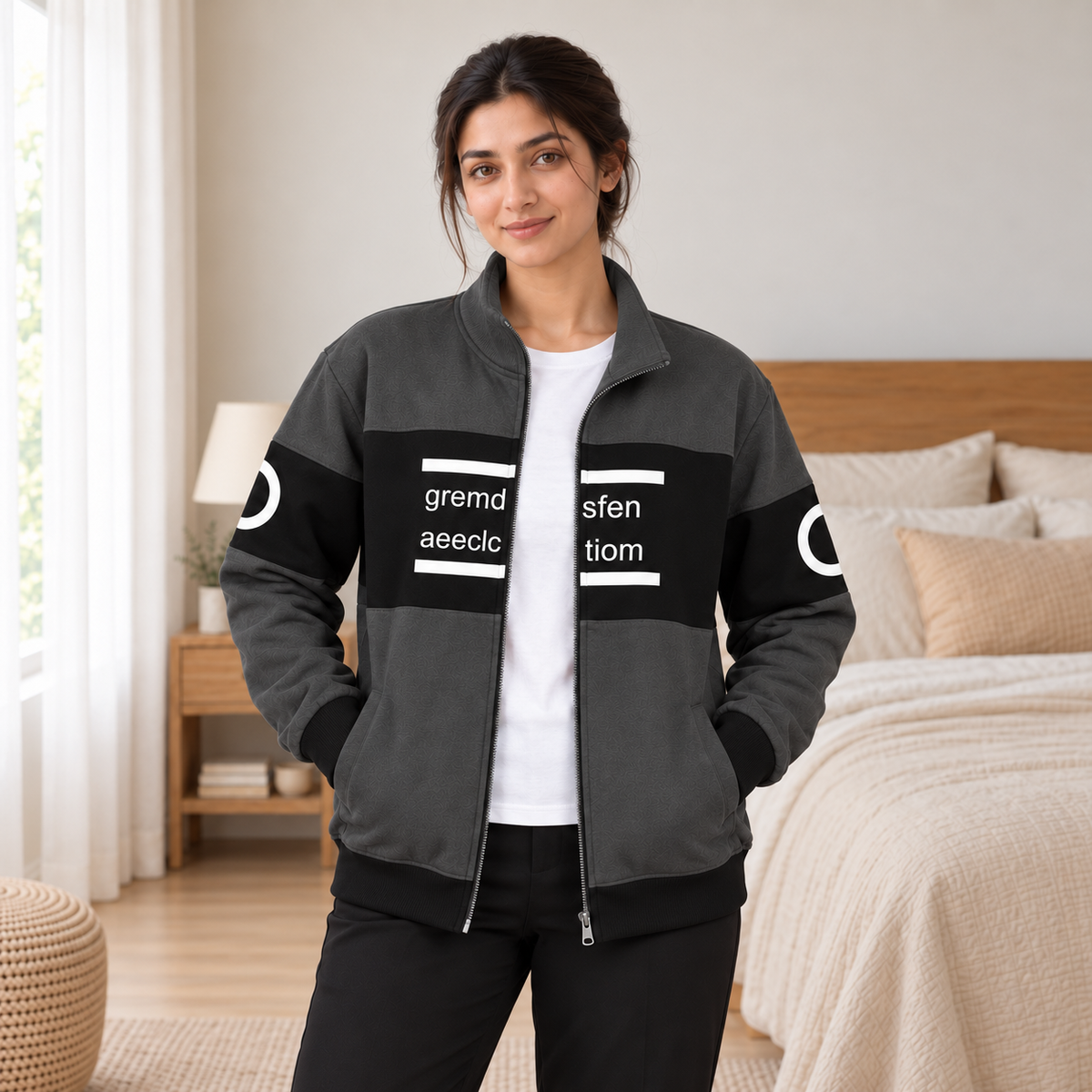 Women's Charcoal & Black Colourblock Fleece Zip-Up Jacket - pose 4