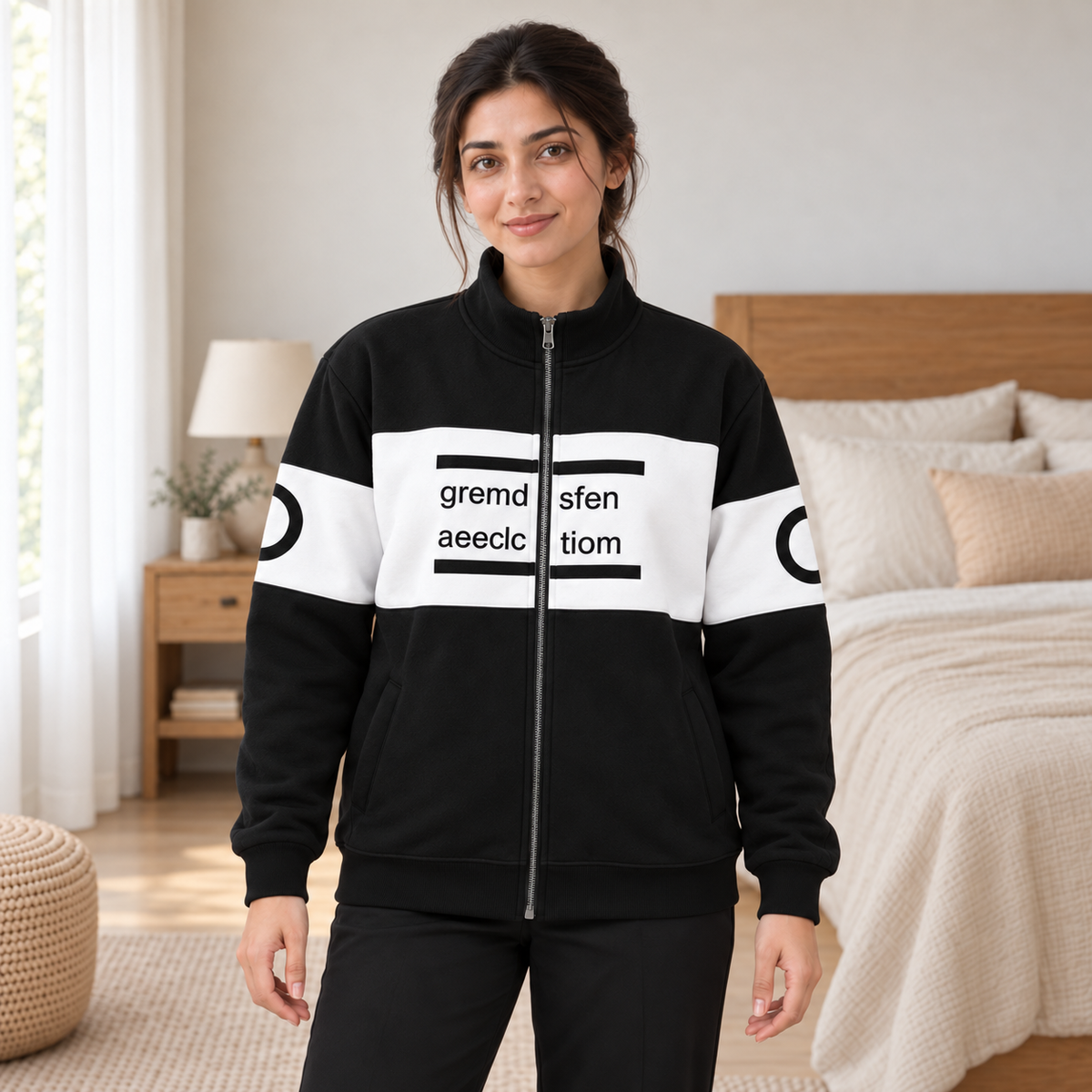 Women's Black & White Colourblock Fleece Zip-Up Jacket - pose 1