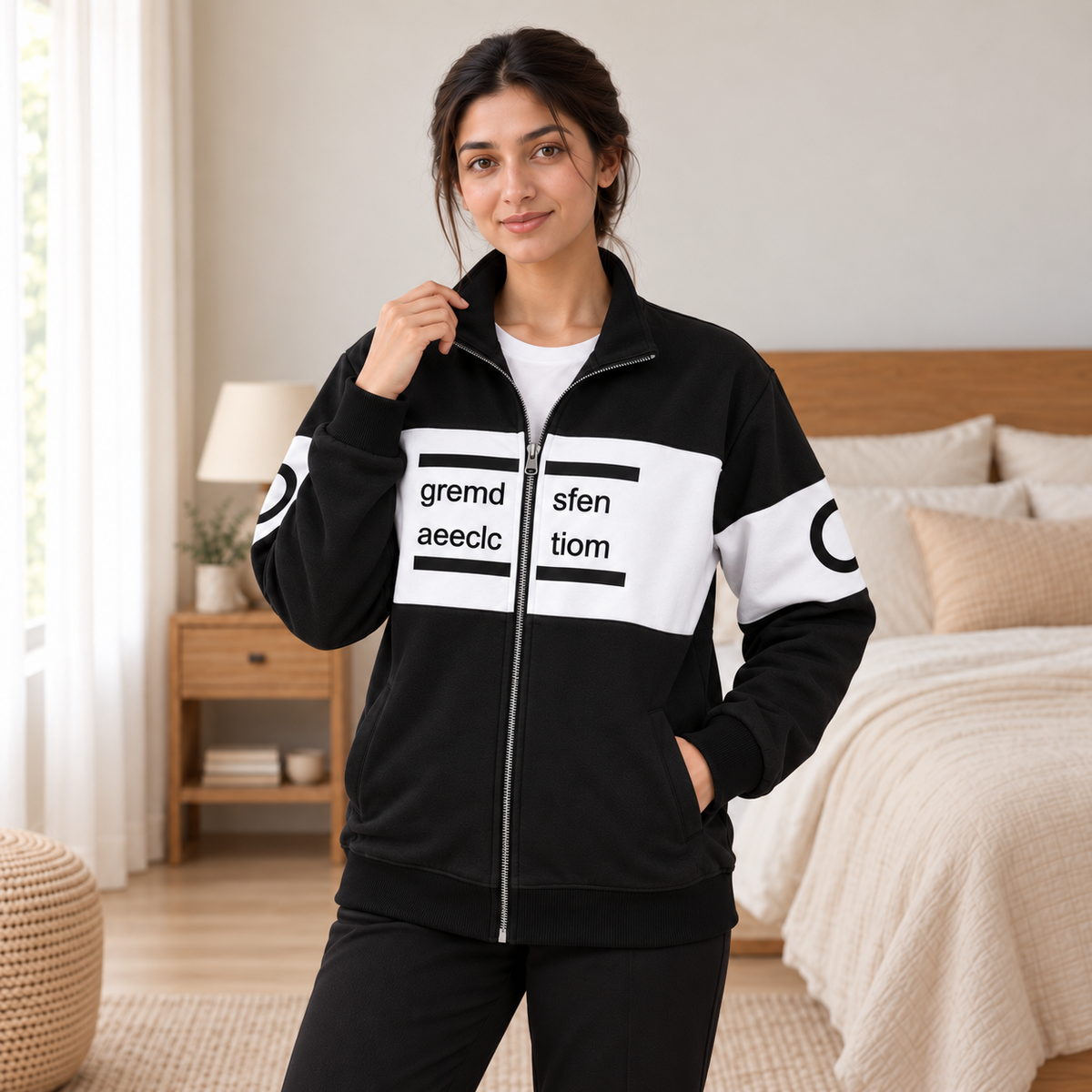 Women's Black & White Colourblock Fleece Zip-Up Jacket - pose 3