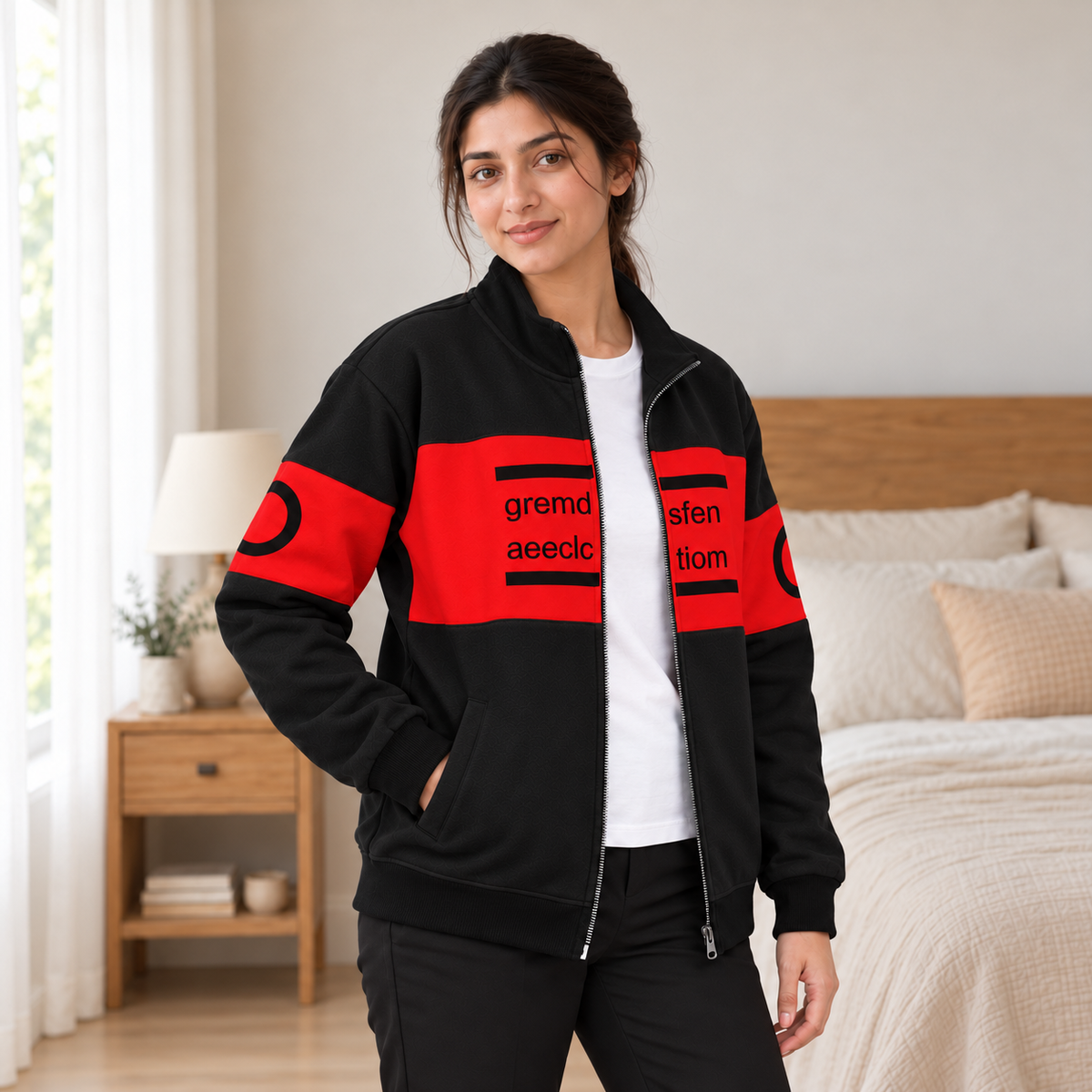 Women's Black & Red Colourblock Fleece Zip-Up Jacket - pose 2