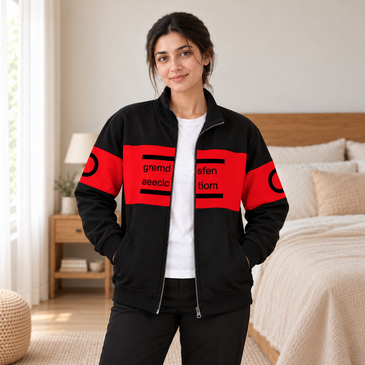 Women's Black & Red Colourblock Fleece Zip-Up Jacket - pose 4