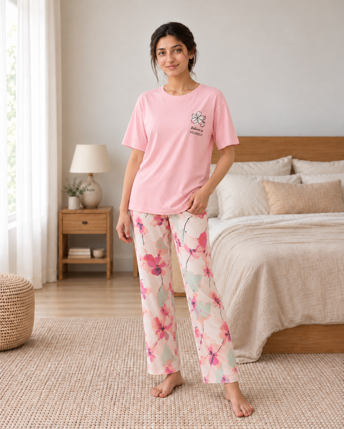 Pink Bird Printed Night Suit - front view