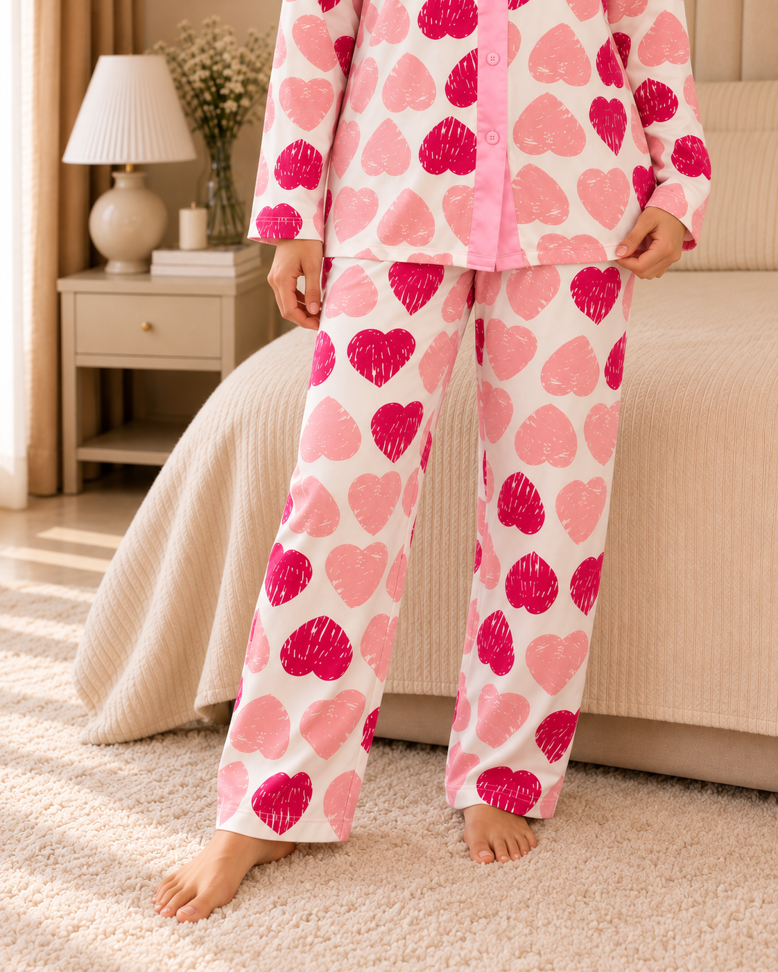 Pink Heart Premium button-down Night Suit