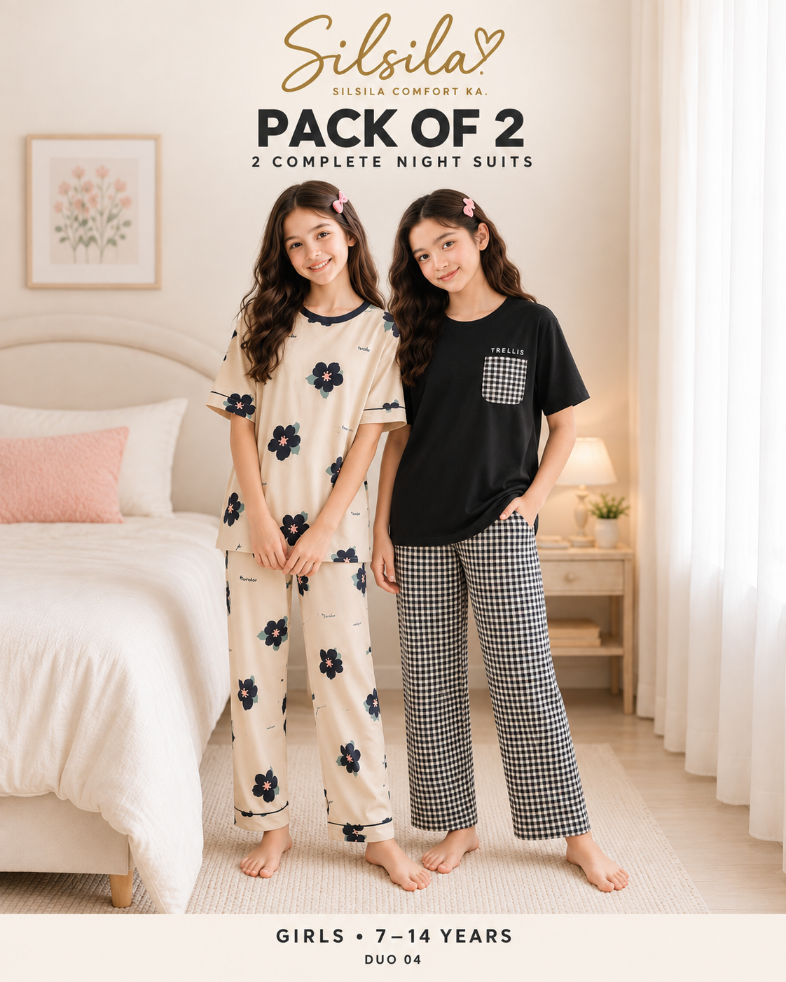 Fashion by INZ Pack of 2 Girls Night Suits (7–14 Years) – Skin Flower + Trellis