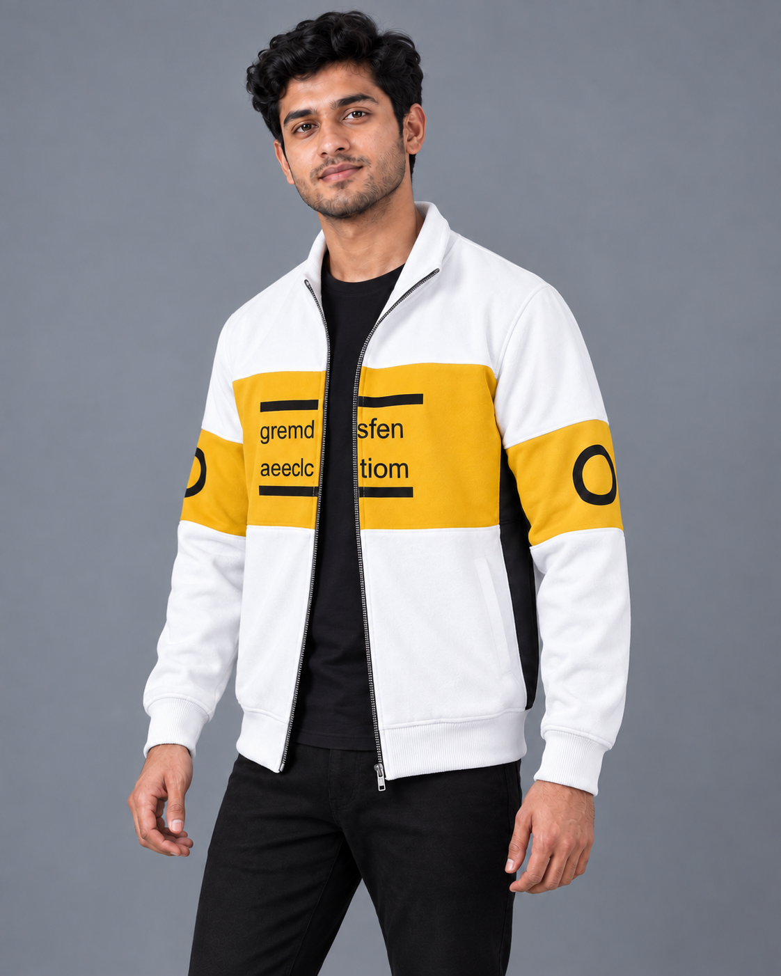 White & Mustard Yellow Colourblock Fleece Zip-Up Jacket — three-quarter front model view