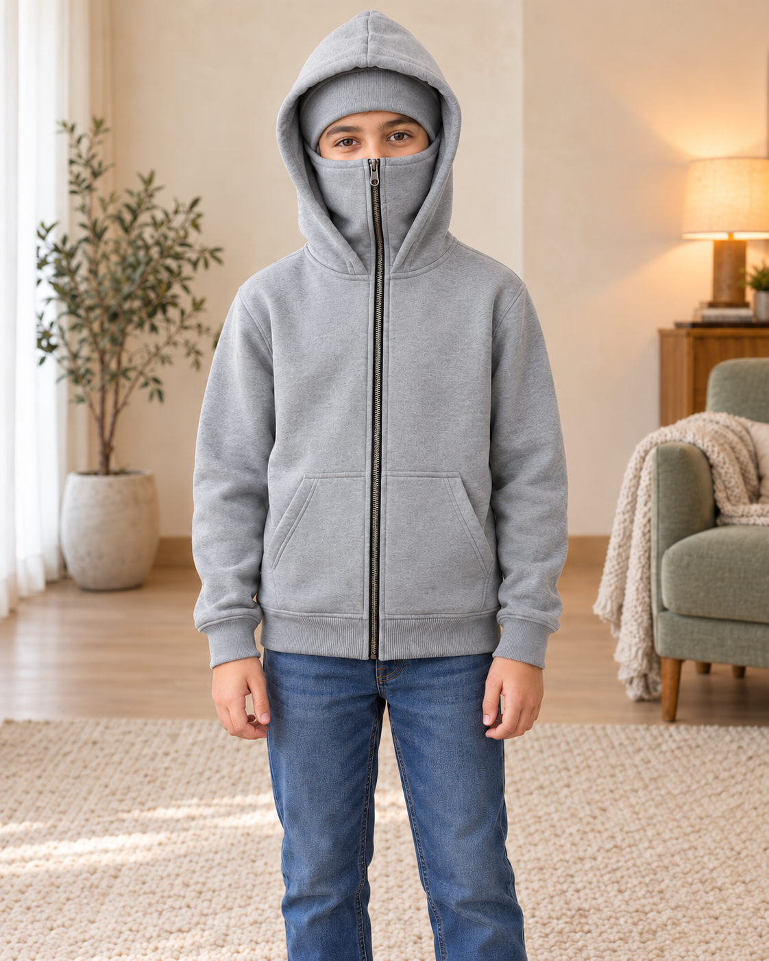 Kids Grey High-Zip Hooded Jacket