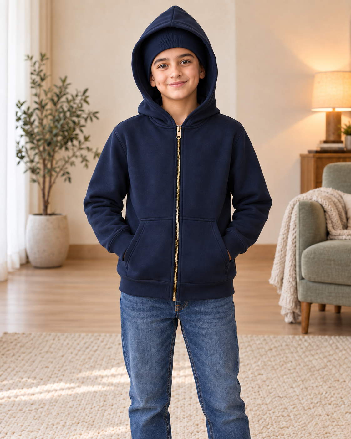 Kids Navy High-Zip Hooded Jacket
