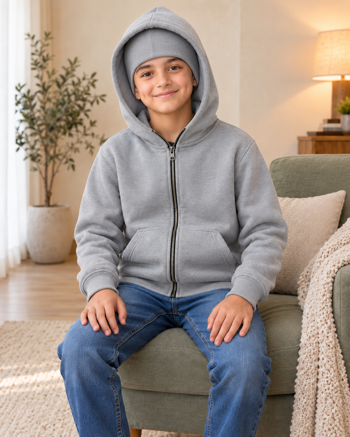 Kids Grey High-Zip Hooded Jacket